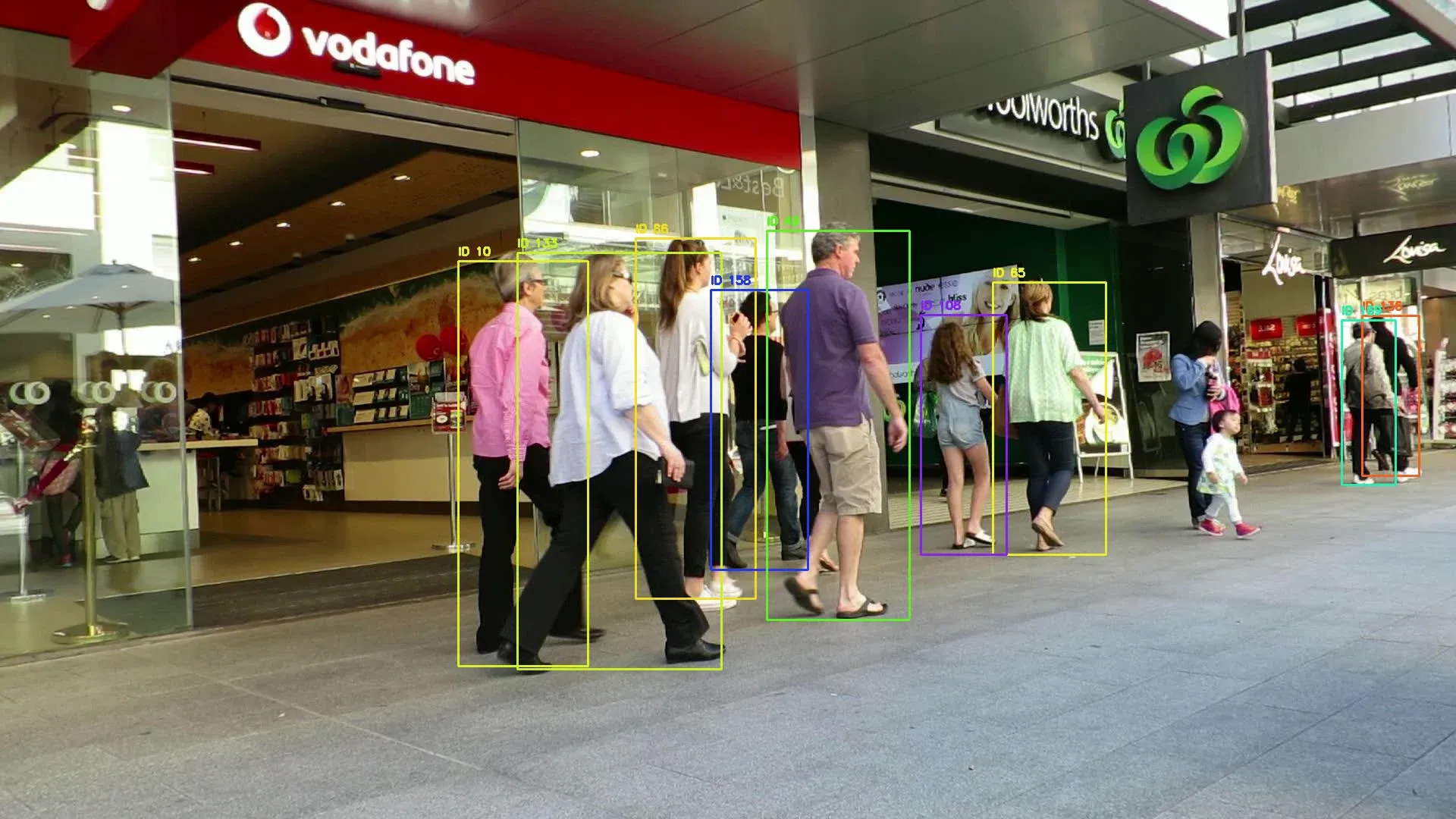 Shopping street with ten tracked pedestrians, each in a numbered box