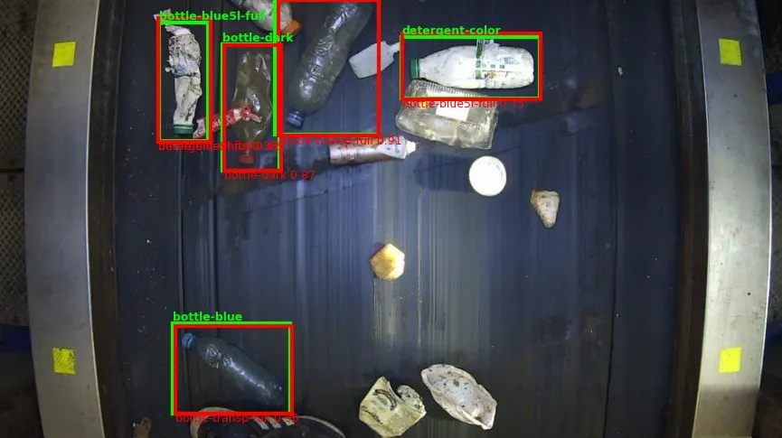 A conveyor belt seen from above with six bottles. Each has a green box drawn by a person and a red box drawn by the model, and most pairs overlap closely.